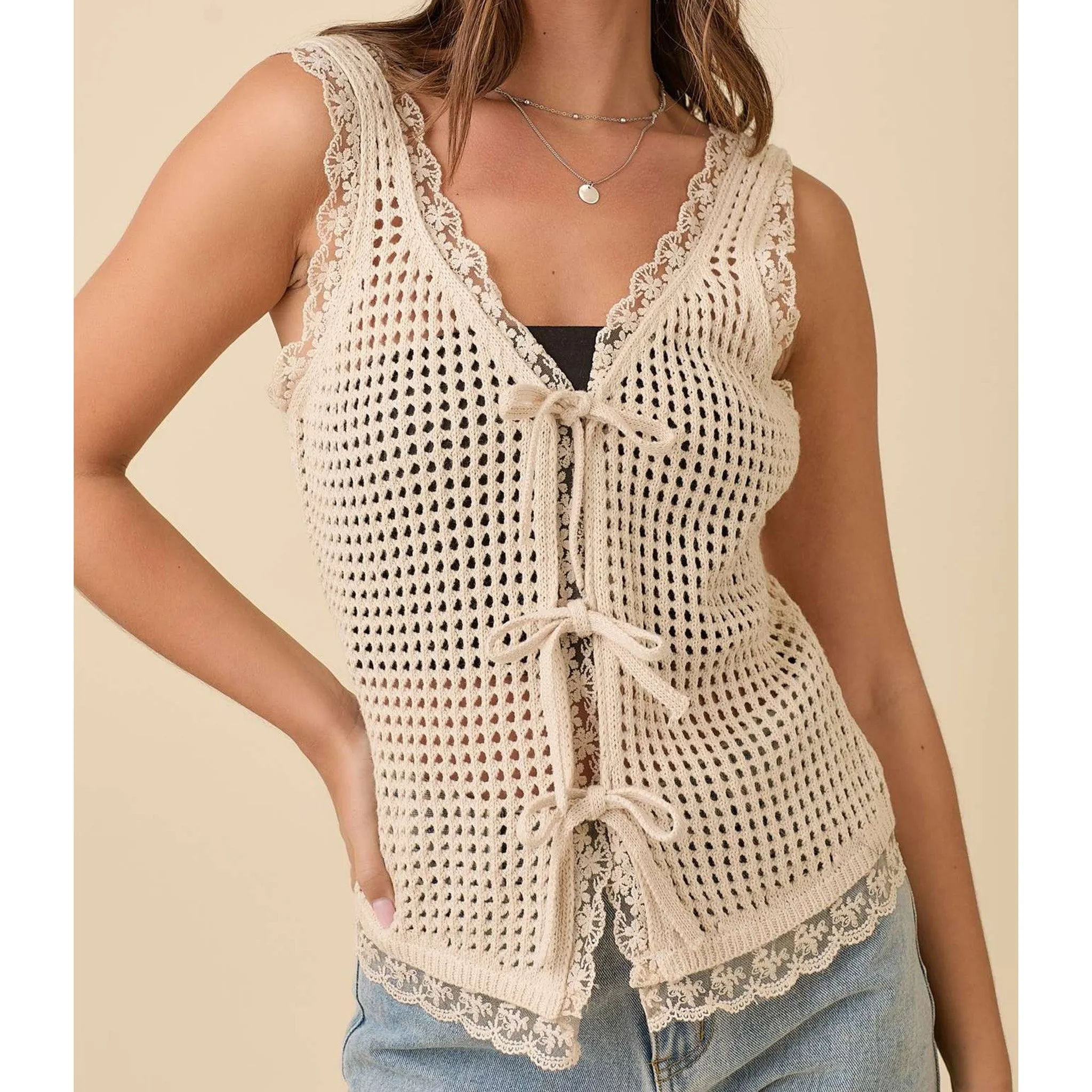 Women's Natural Crochet Vest With Front Ties sold by Western Edge product image thumbnail 2