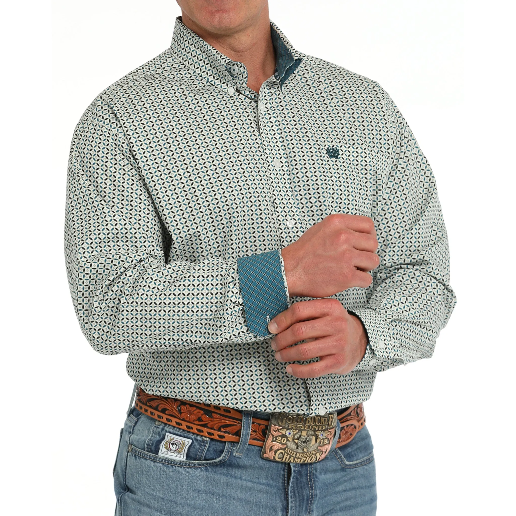 Cinch Men's White & Green Geo Print Long Sleeve sold by Western Edge product image thumbnail 3