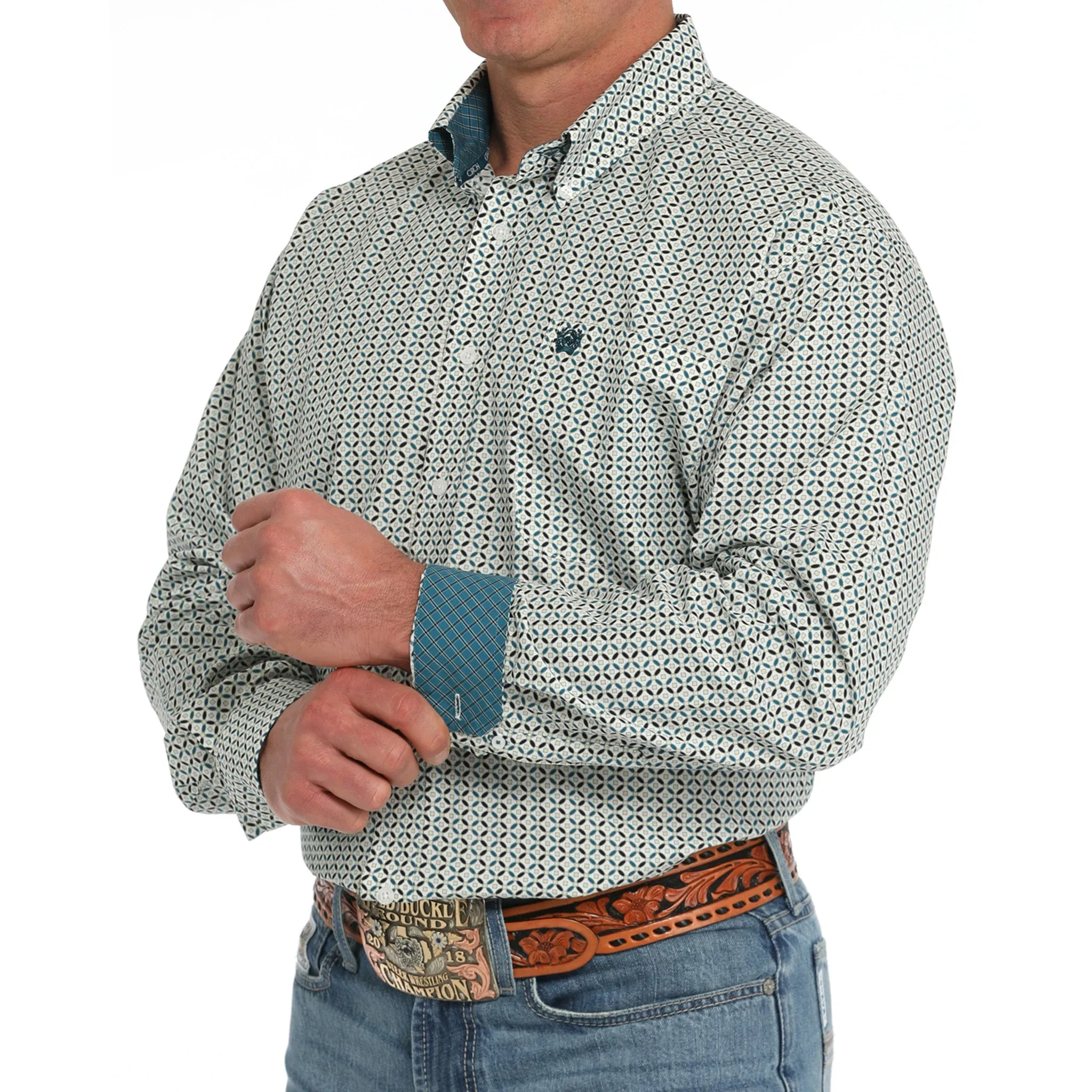 Cinch Men's White & Green Geo Print Long Sleeve sold by Western Edge product image thumbnail 2