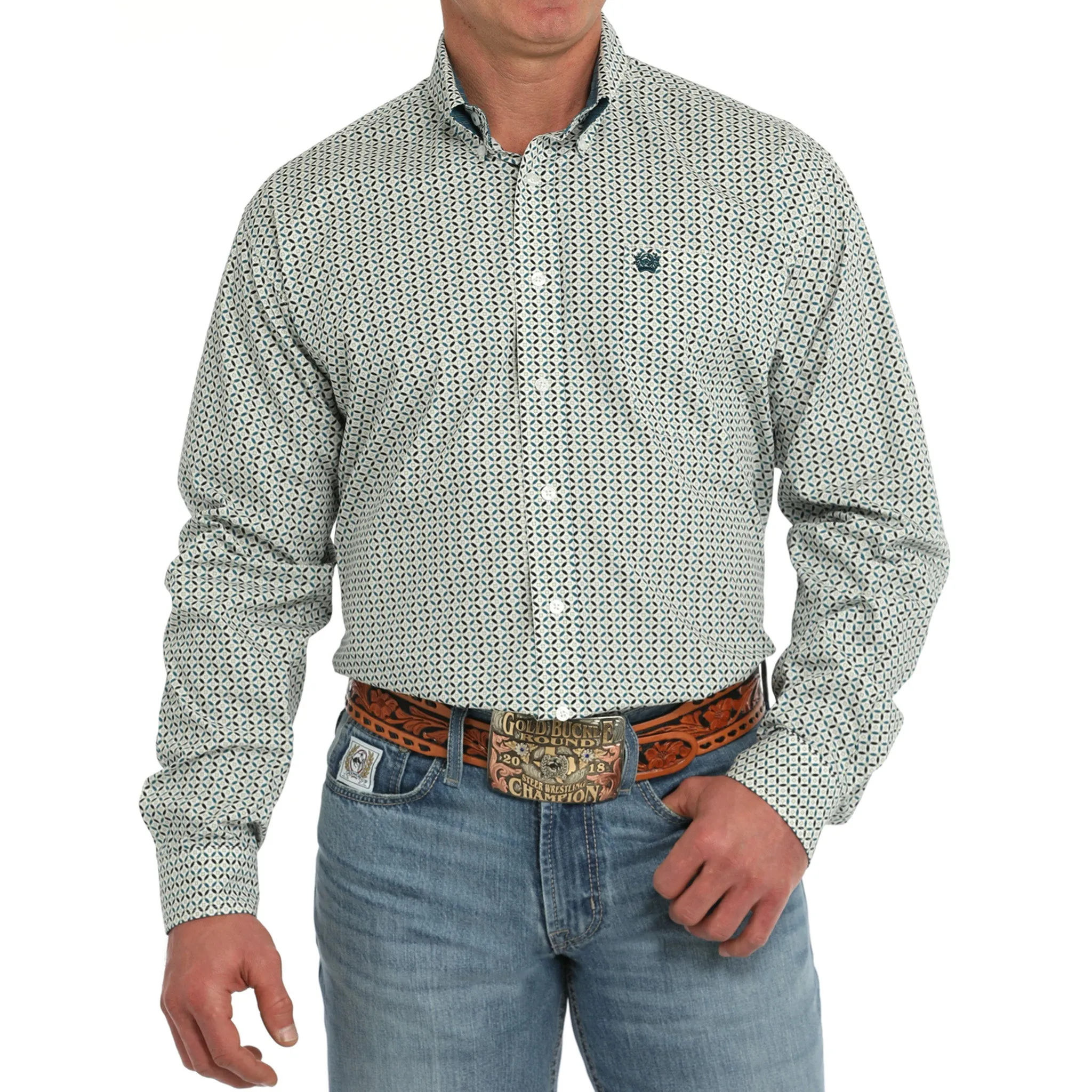 Cinch Men's White & Green Geo Print Long Sleeve sold by Western Edge
