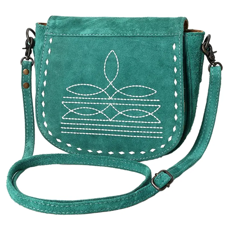 American Darling Turquoise Roughout Boot Stitch Leather Crossbody made by Western Edge