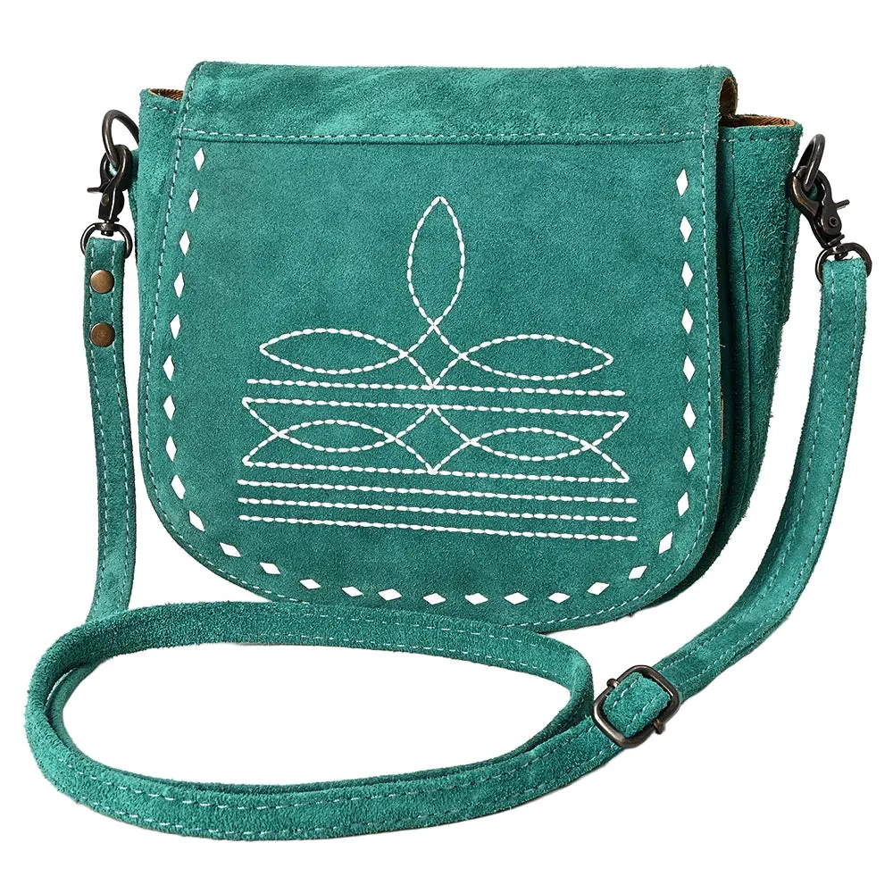 American Darling Turquoise Roughout Boot Stitch Leather Crossbody sold by Western Edge