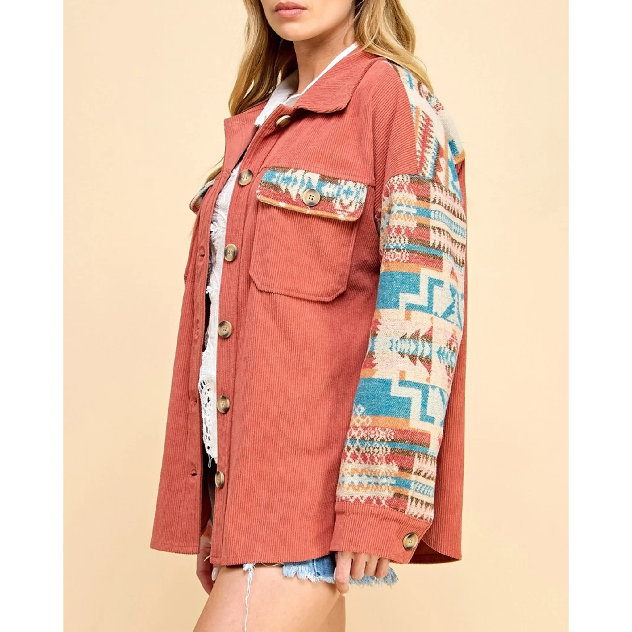 Women's Rust & Aztec Contrast Corduroy Shacket sold by Western Edge product image thumbnail 4
