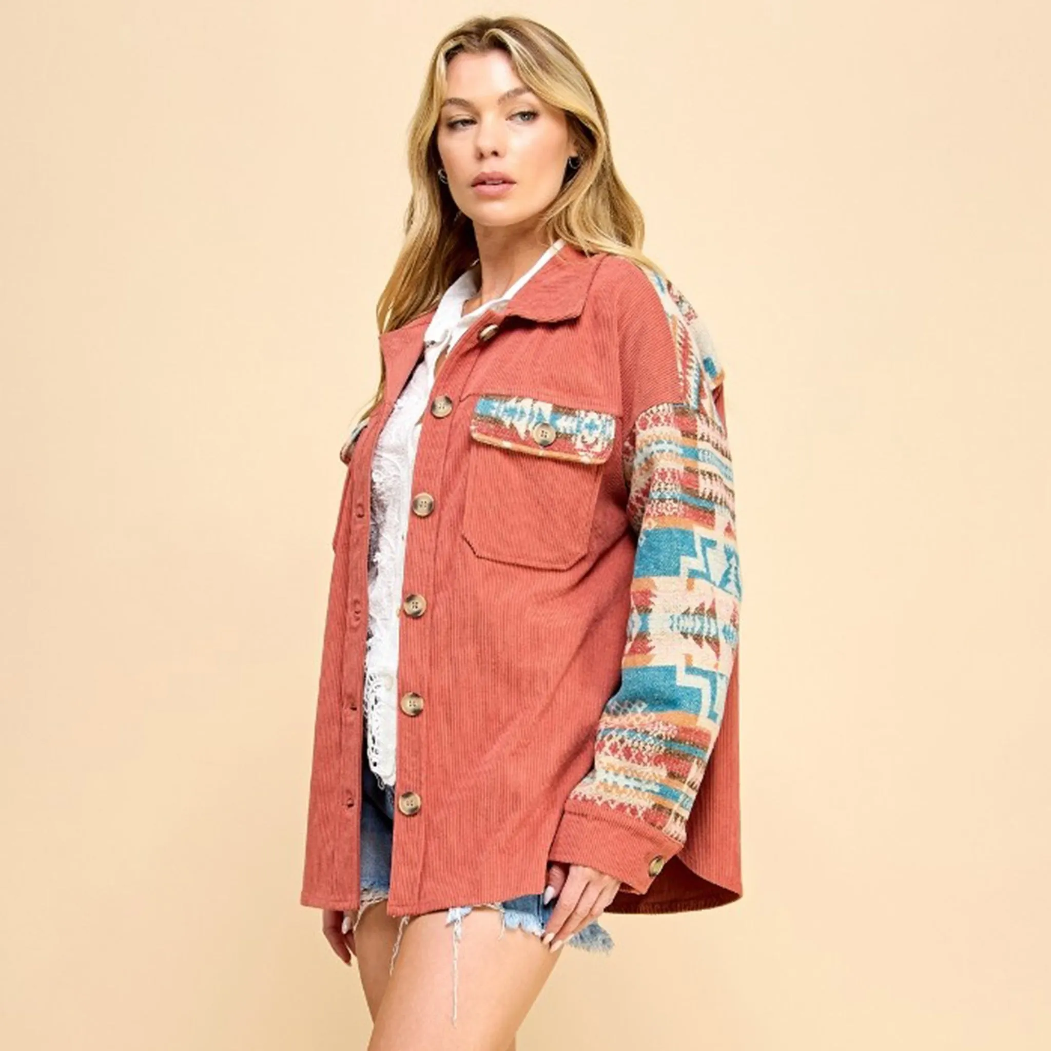 Women's Rust & Aztec Contrast Corduroy Shacket sold by Western Edge product image thumbnail 5