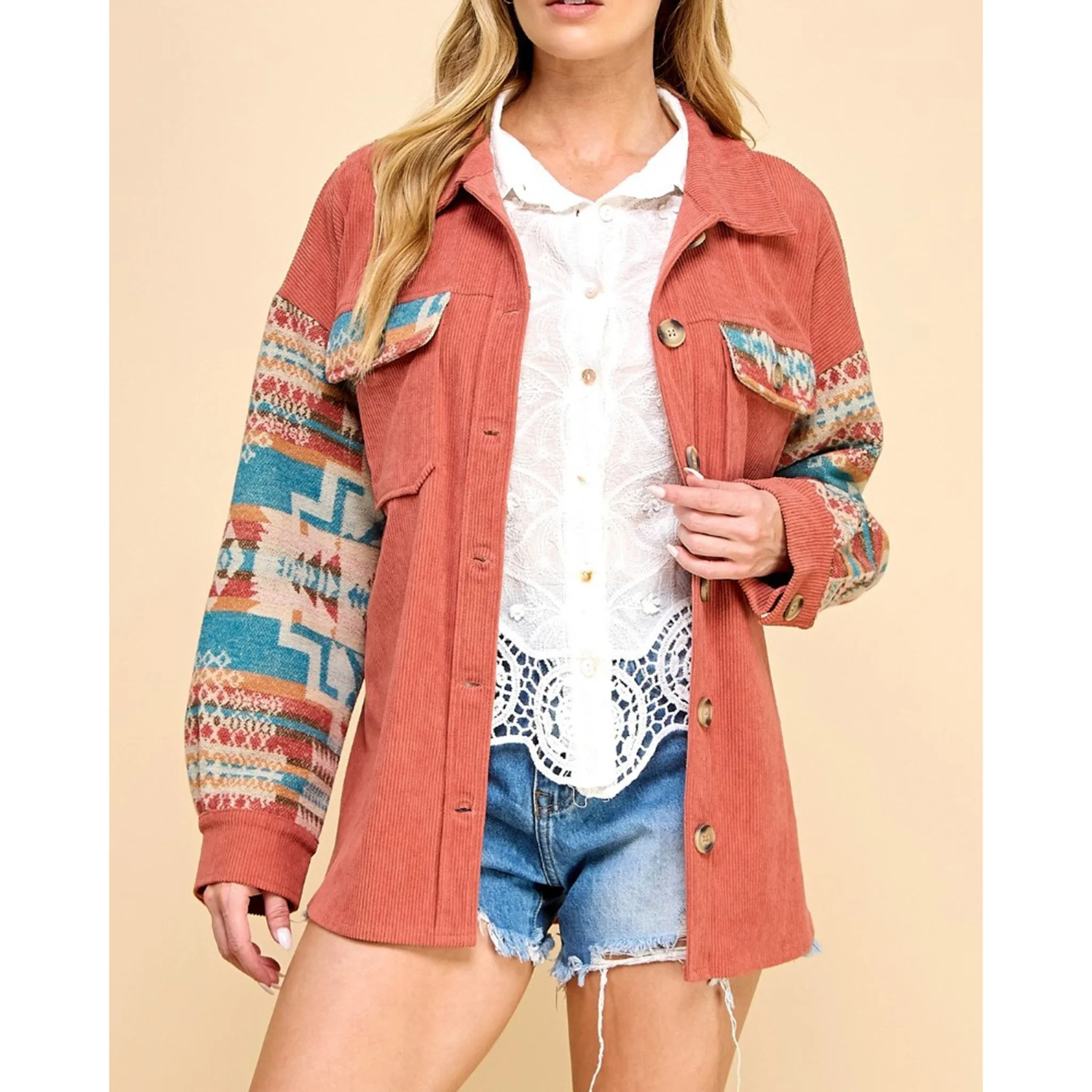 Women's Rust & Aztec Contrast Corduroy Shacket sold by Western Edge product image thumbnail 3