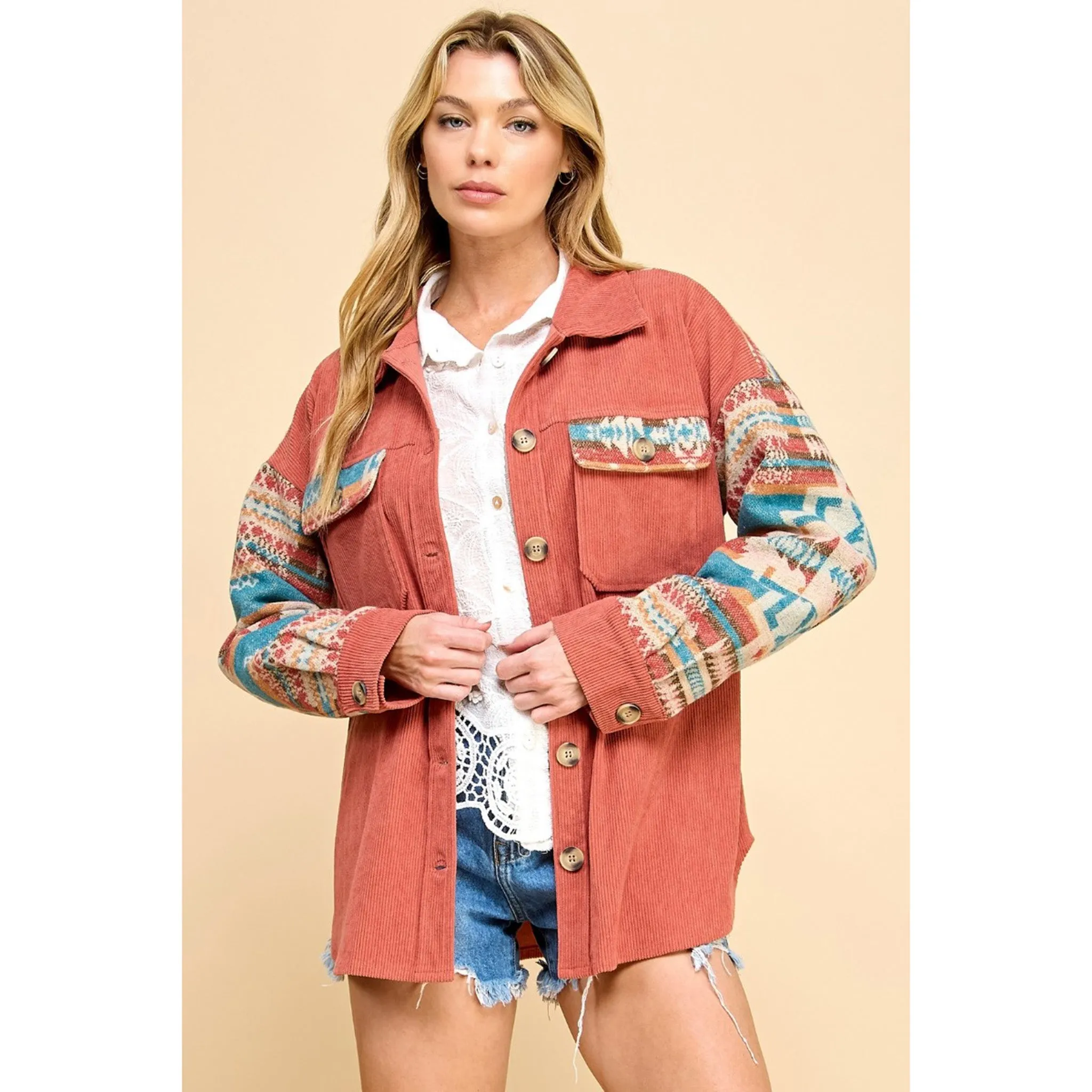 Women's Rust & Aztec Contrast Corduroy Shacket sold by Western Edge