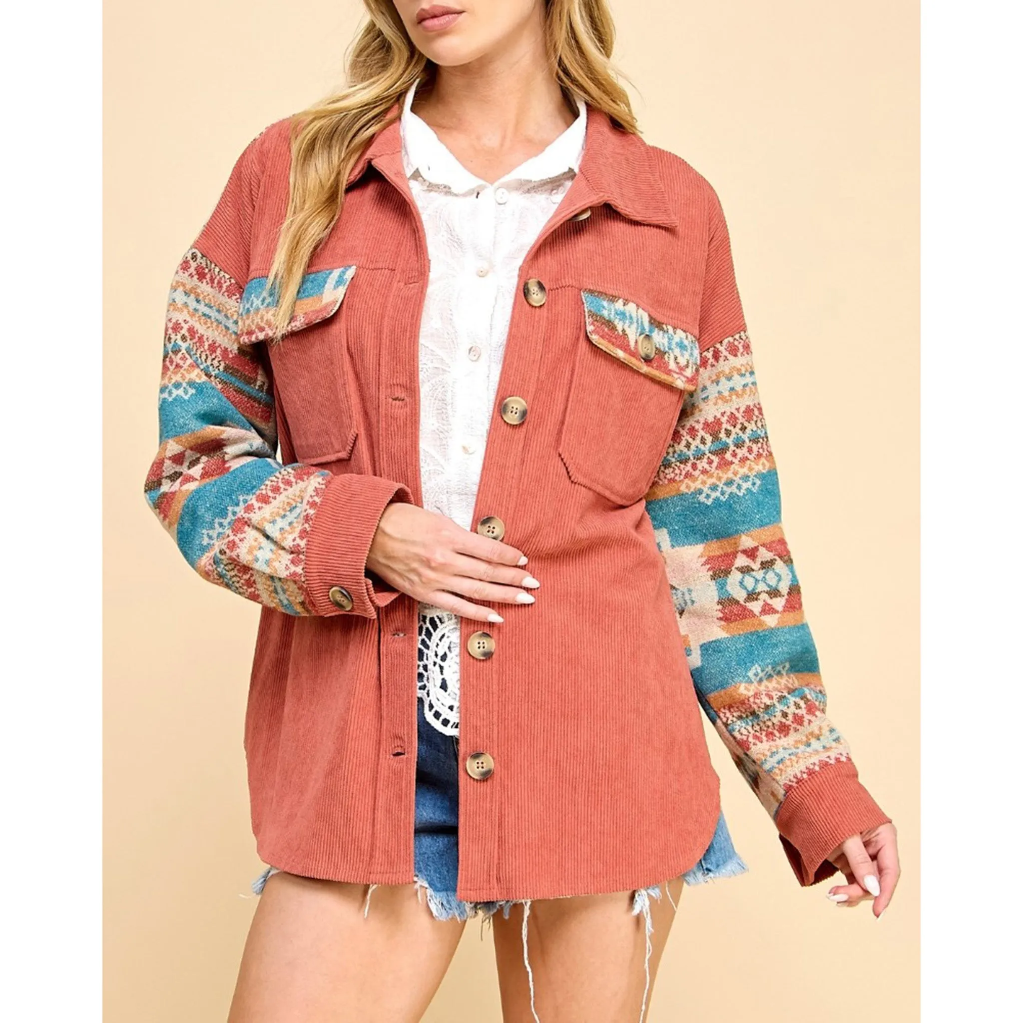 Women's Rust & Aztec Contrast Corduroy Shacket sold by Western Edge product image thumbnail 2