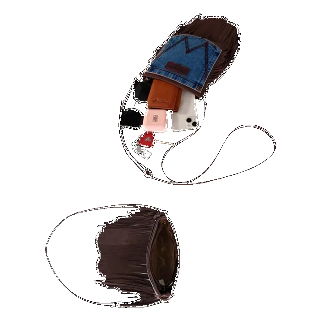 Montana West Wrangler Chocolate Fringe Denim Pocket Crossbody sold by Western Edge product image thumbnail 3