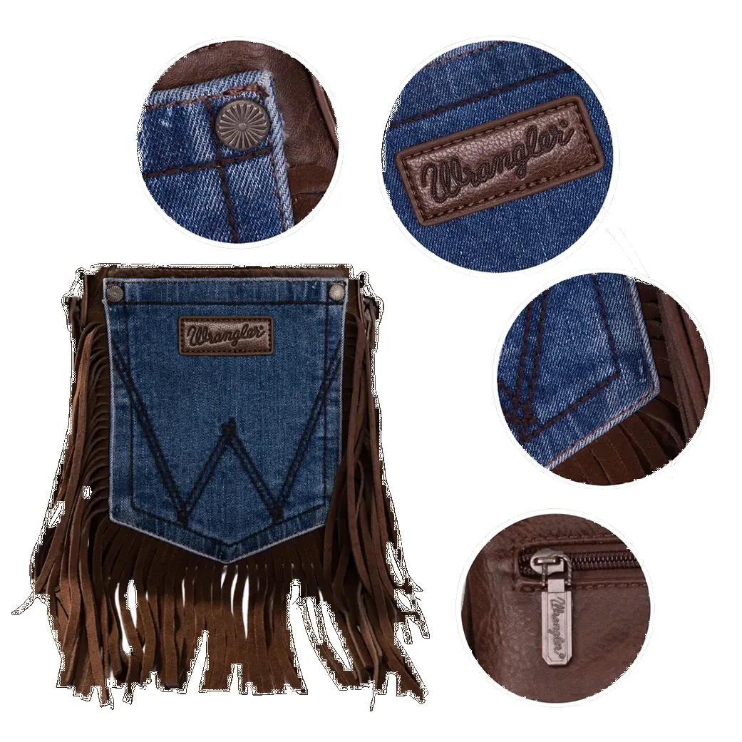 Montana West Wrangler Chocolate Fringe Denim Pocket Crossbody sold by Western Edge product image thumbnail 2