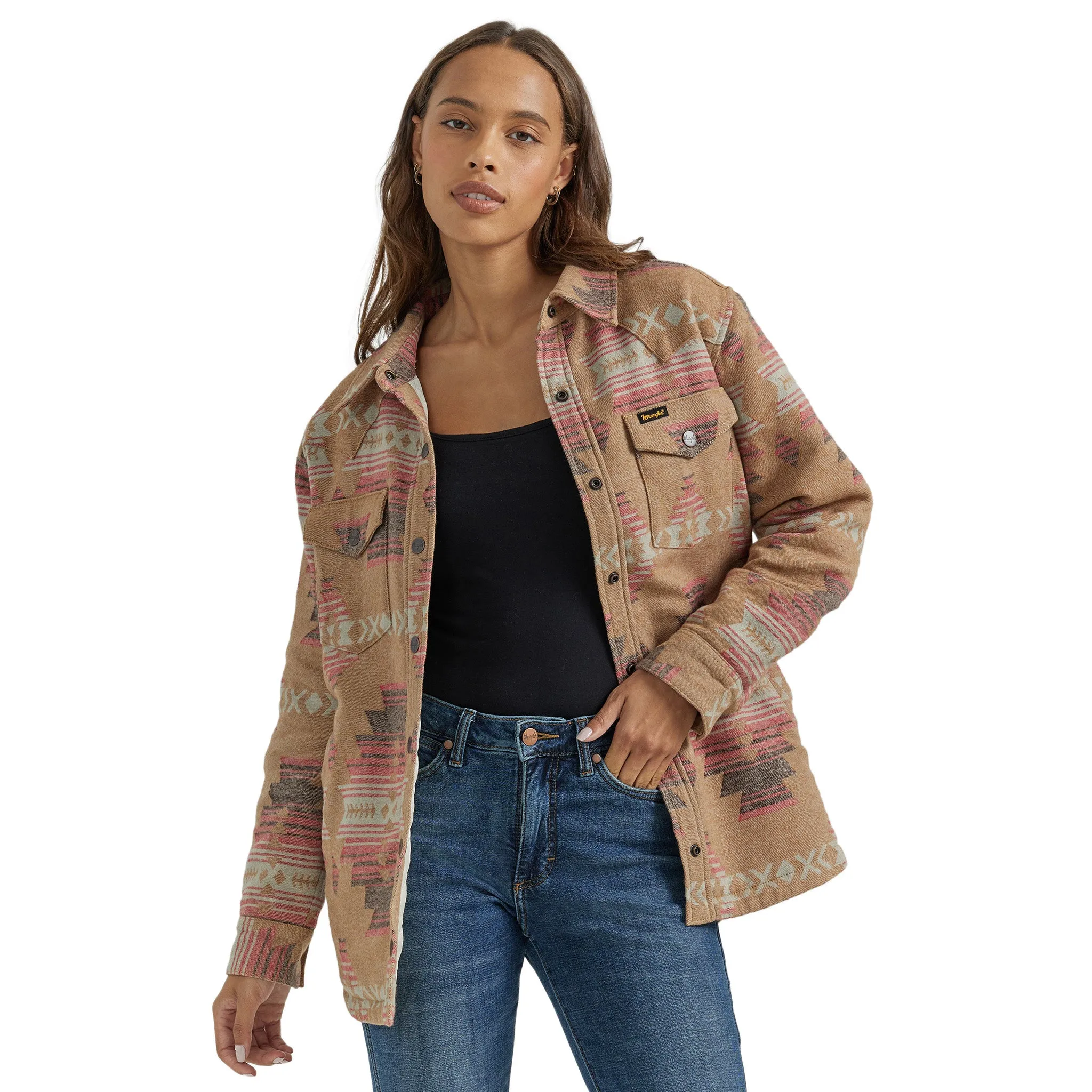 Wrangler Women's Brown Pink Aztec Shacket sold by Western Edge