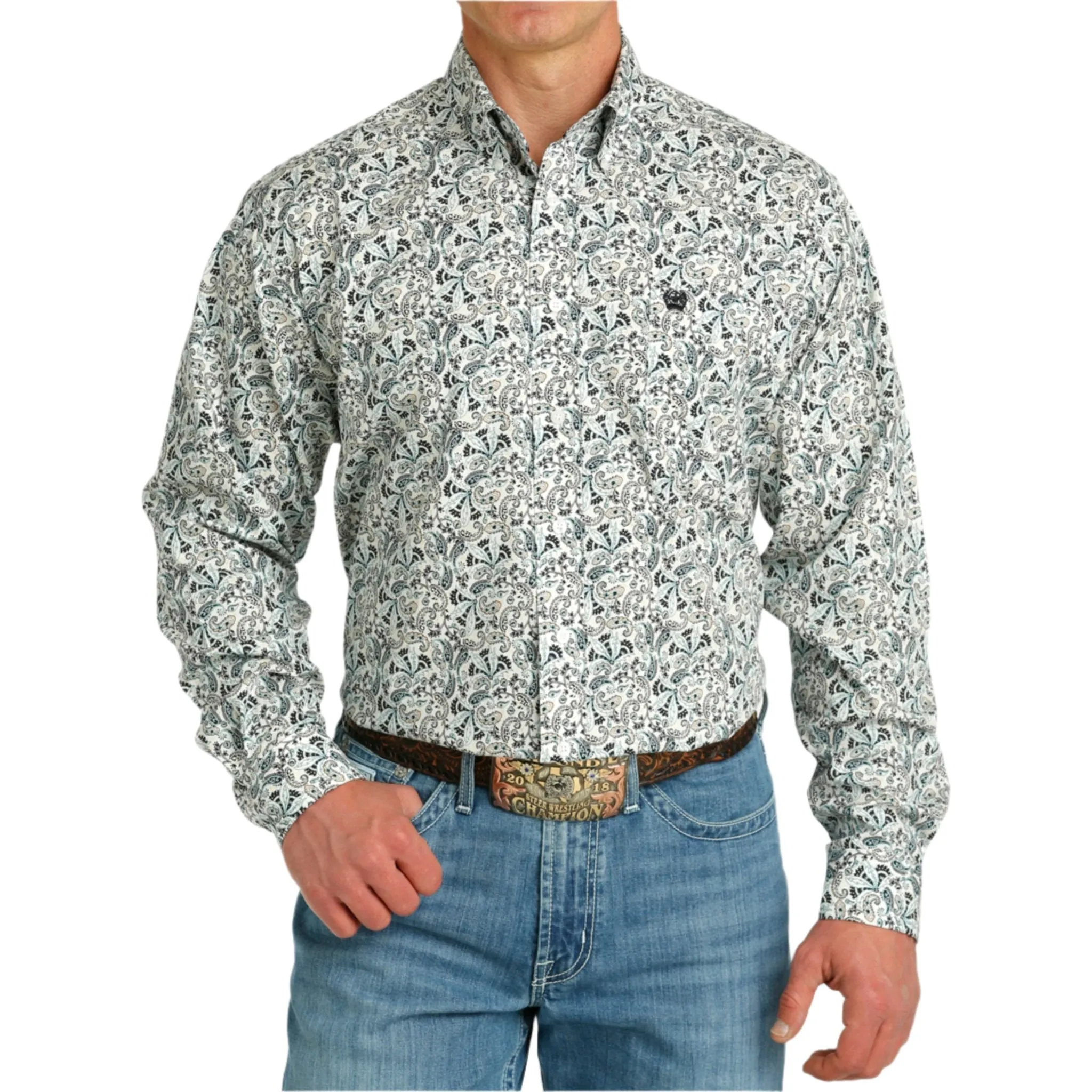 Cinch Men's White & Green Paisley Long Sleeve sold by Western Edge