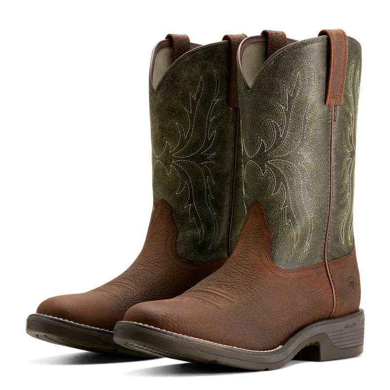 Ariat Men's Ridgeback Round Toe Brown and Green Cowboy Boots made by Ariat