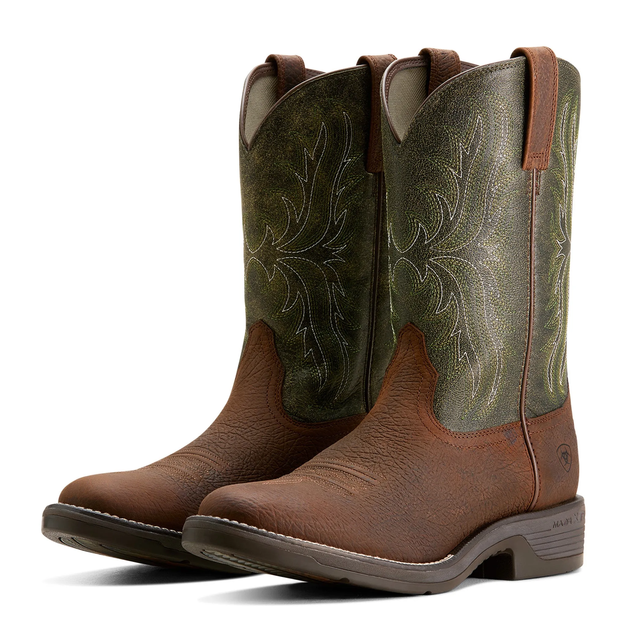 Ariat Men's Ridgeback Round Toe Brown and Green Cowboy Boots sold by Western Edge