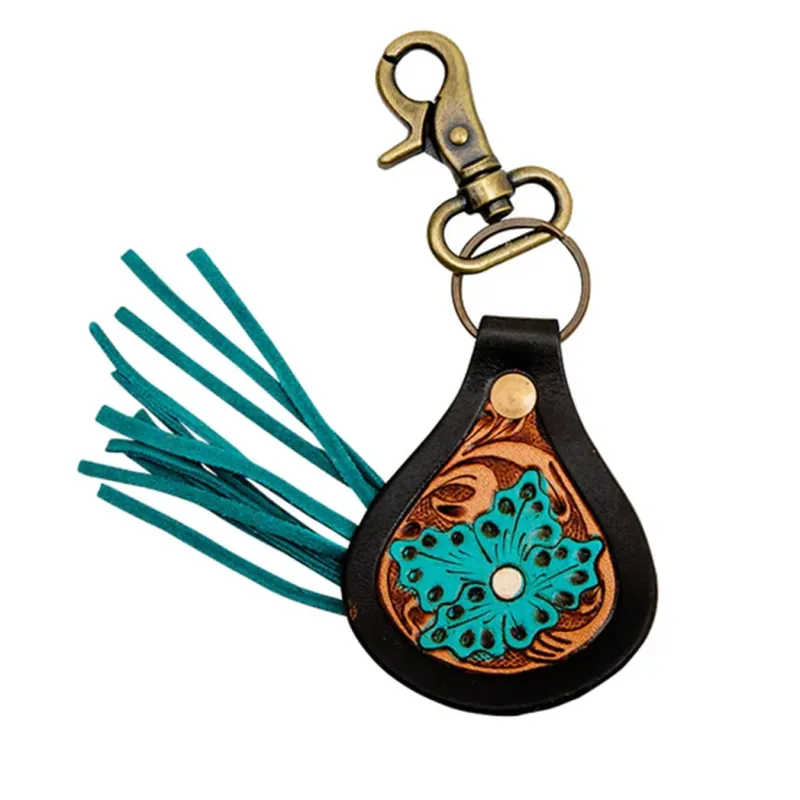 Myra Turquoise Floral Tooled Leather Key Fob sold by Western Edge