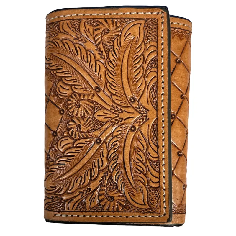 Twisted X Tan Diamond Weave Feather Tooled Trifold Wallet made by Western Edge