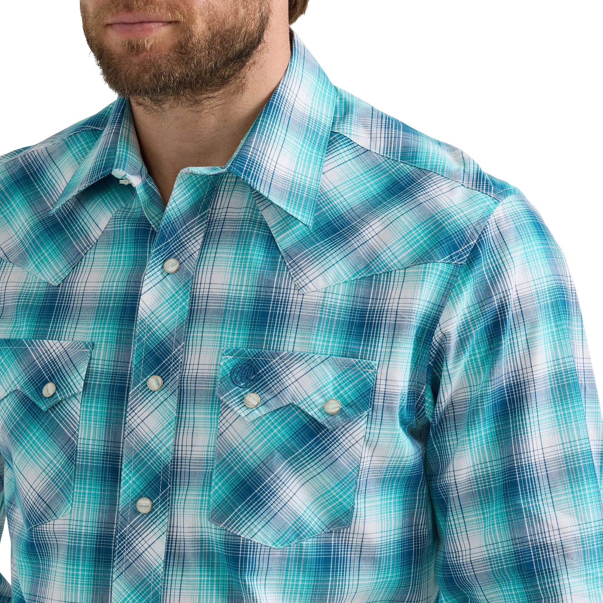 Wrangler Men's Retro Blue and Turquoise Long Sleeve Shirt sold by Western Edge product image thumbnail 2