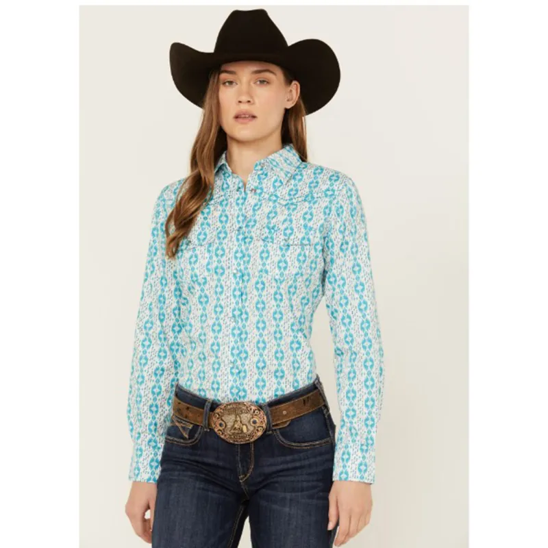 Cowboy Hardware Women's Turquoise Tonal Aztec Long Sleeve made by Western Edge