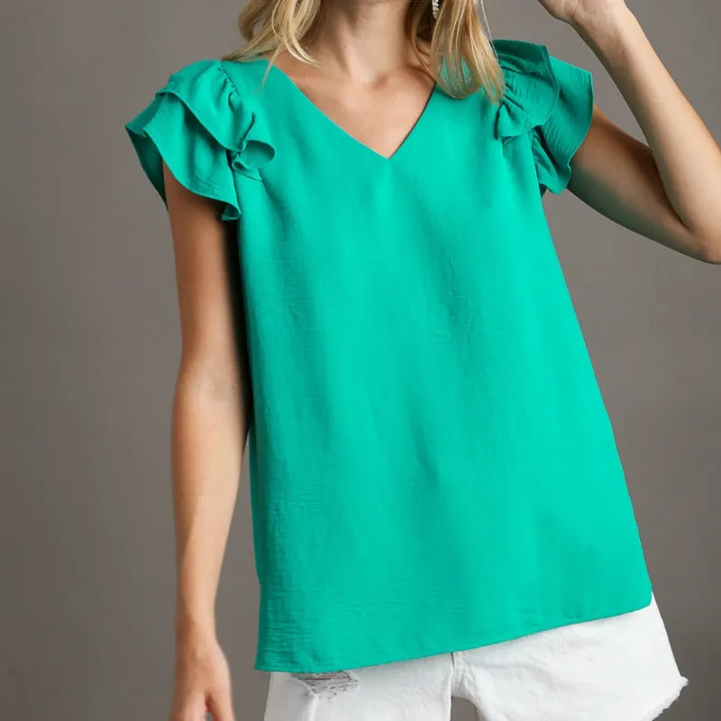 Umgee USA Women's Solid Ruffle Short Sleeve made by Western Edge