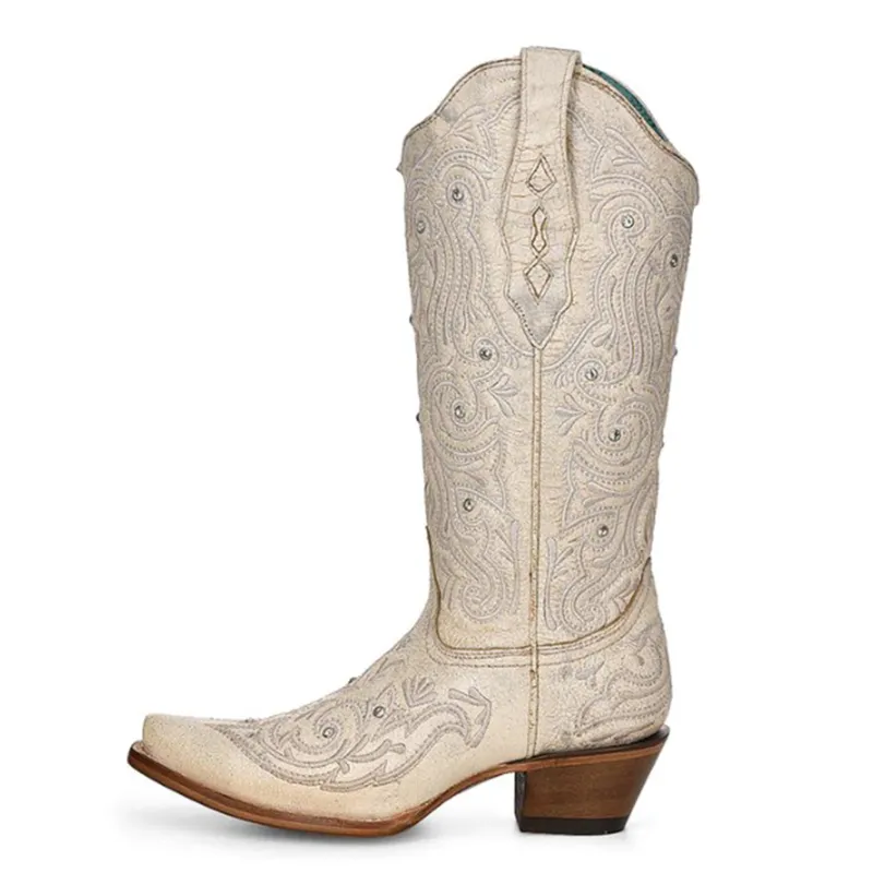 Corral Women's Bone Embroidered Crystals Snip Toe made by Western Edge