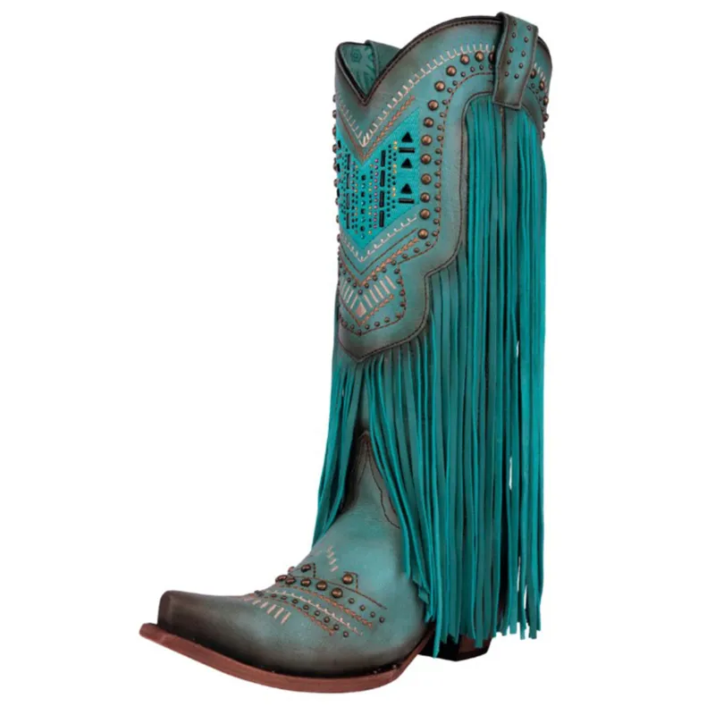 Corral Women's Turquoise Crystal/Studs Fringe Boots made by Western Edge