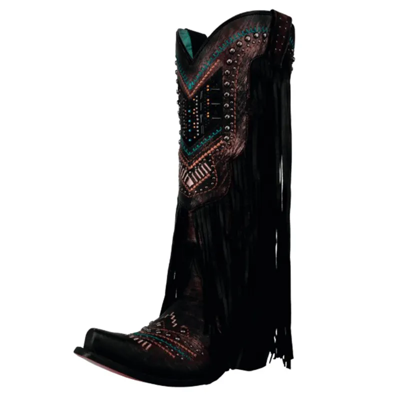 Corral Women's Black Embroidery Crystal Fringe Boots made by Western Edge