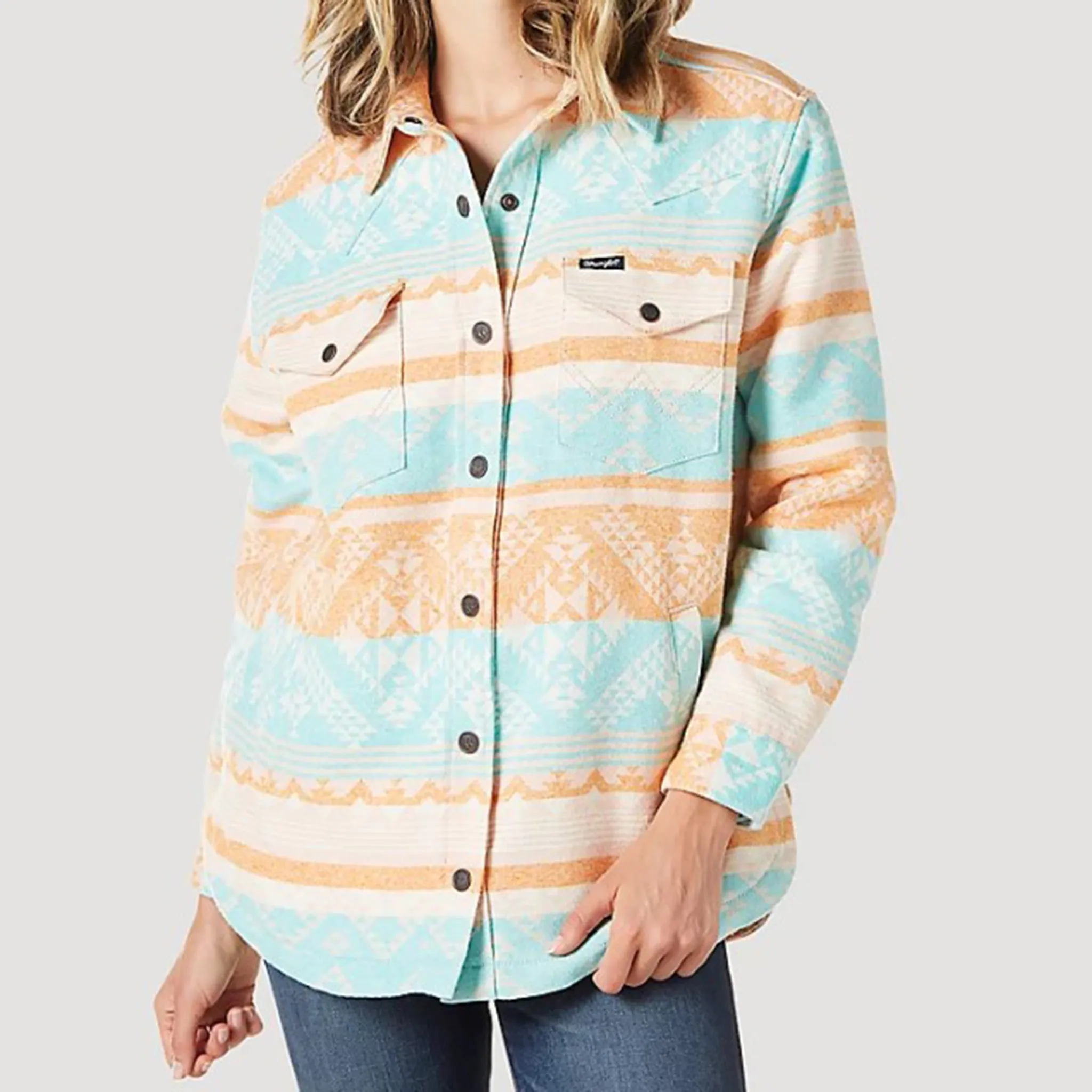 Wrangler Women's Coral & Mint Aztec Shacket sold by Western Edge