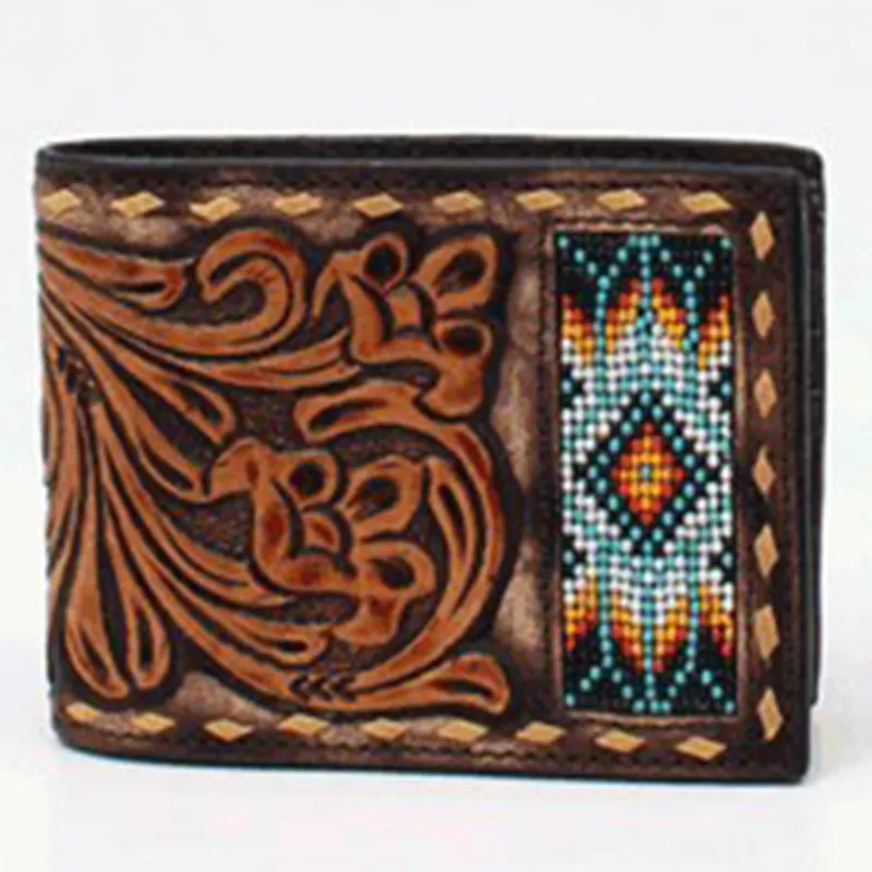 Tooled Leather & Beaded Bifold Wallet made by Western Edge