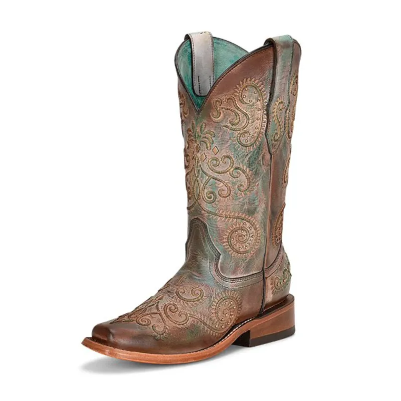Corral Women's Turquoise/Brown Embossed Studs Square Toe Boots made by Western Edge