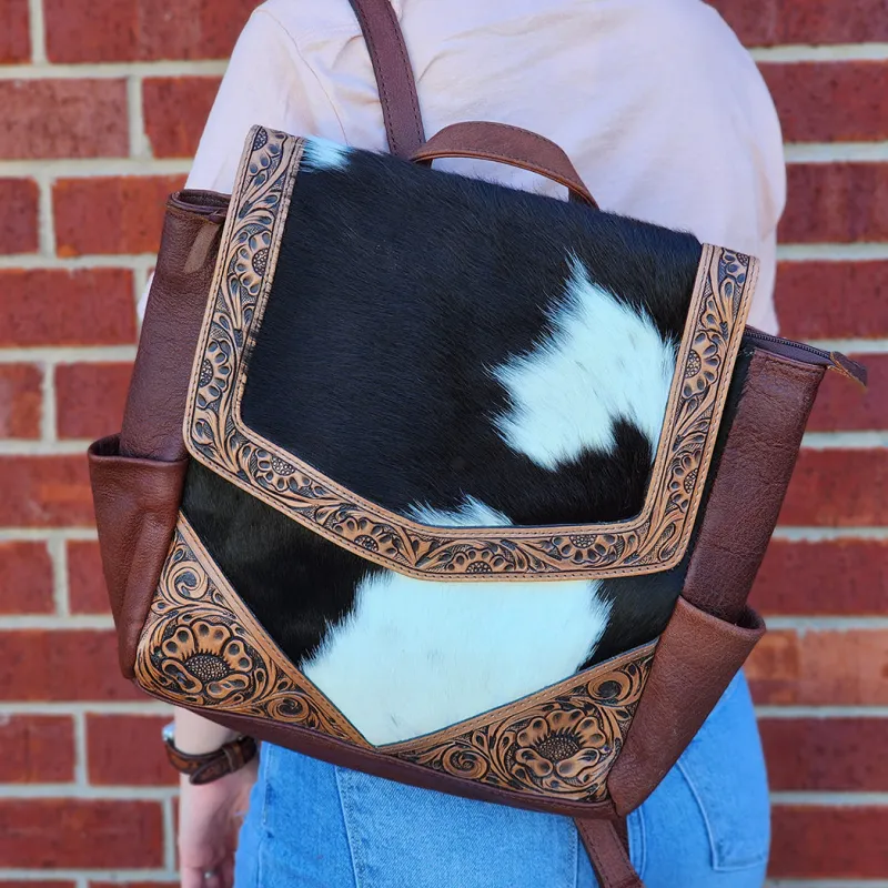 American Darling Brown Tooled leather & Cowhide Backpack made by Western Edge