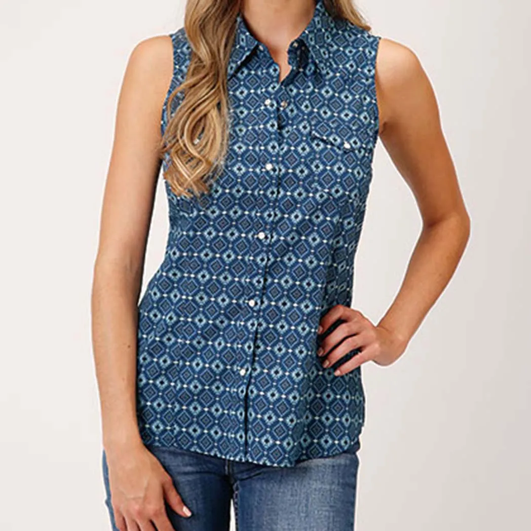Woman's Blue Mini Aztec Sleeveless Shirt sold by Western Edge