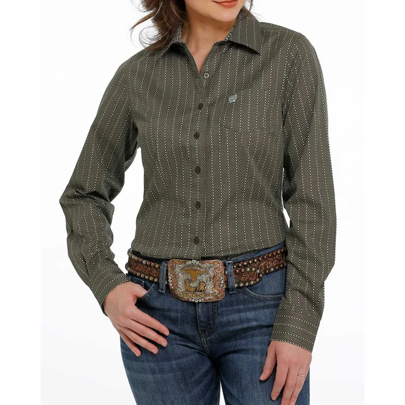 Cinch Women's Olive With Light Turquoise Dot-Stripe Long Sleeve made by Cinch