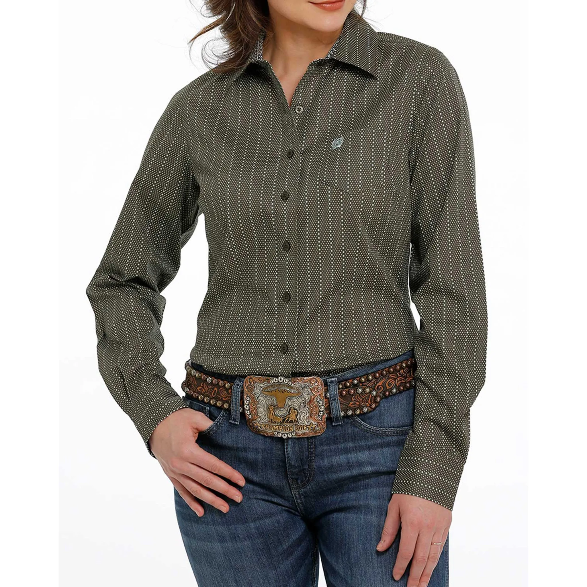 Cinch Women's Olive With Light Turquoise Dot-Stripe Long Sleeve sold by Western Edge