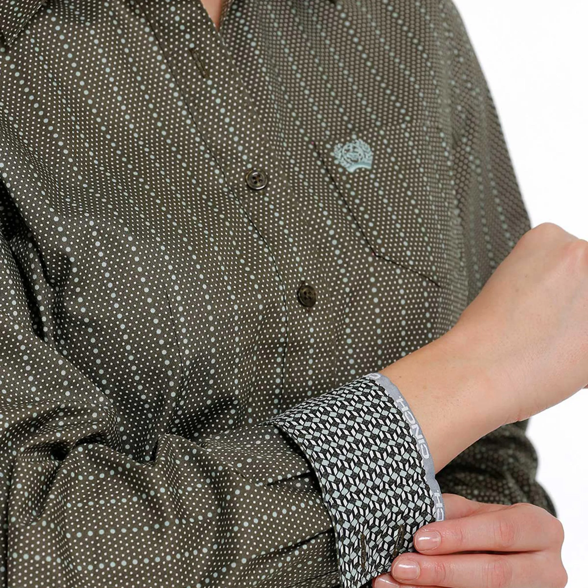Cinch Women's Olive With Light Turquoise Dot-Stripe Long Sleeve sold by Western Edge product image thumbnail 3