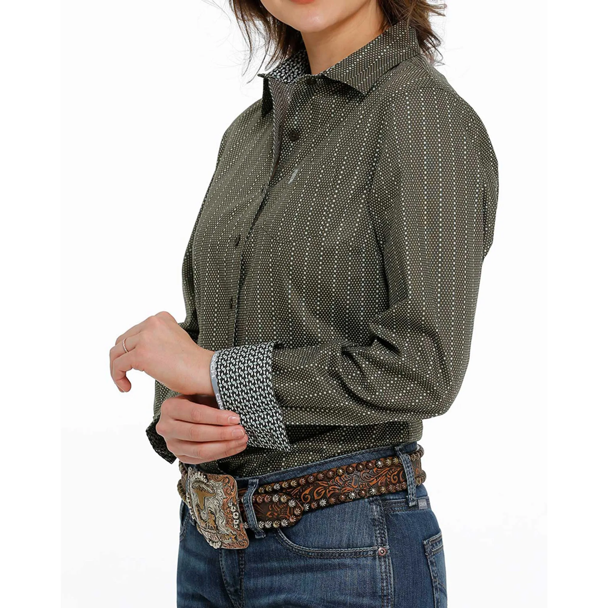 Cinch Women's Olive With Light Turquoise Dot-Stripe Long Sleeve sold by Western Edge product image thumbnail 2