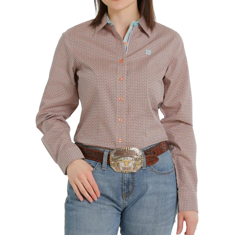 Cinch Women's Light Blue and Coral Shirt made by Cinch