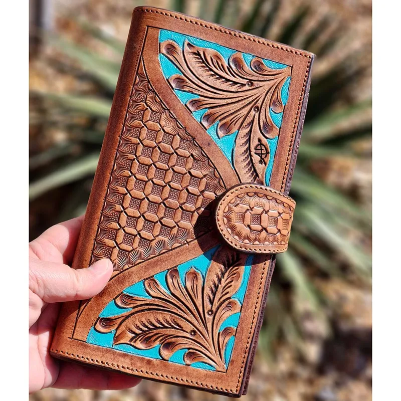 American Darling Tooled Leather w/ Turquoise Accent Wallet made by Western Edge