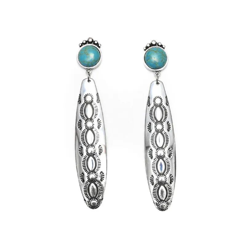 Stamped Silver with Turquoise Stone Post Earrings made by Western Edge