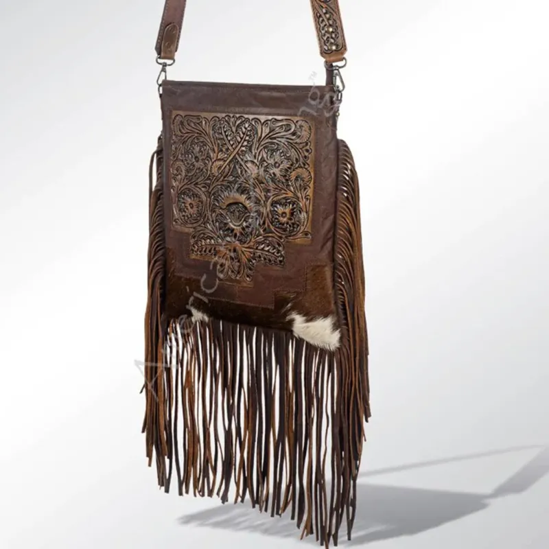 American Darling Conceal Carry Brown Tooled Hide Fringe Bag made by Western Edge