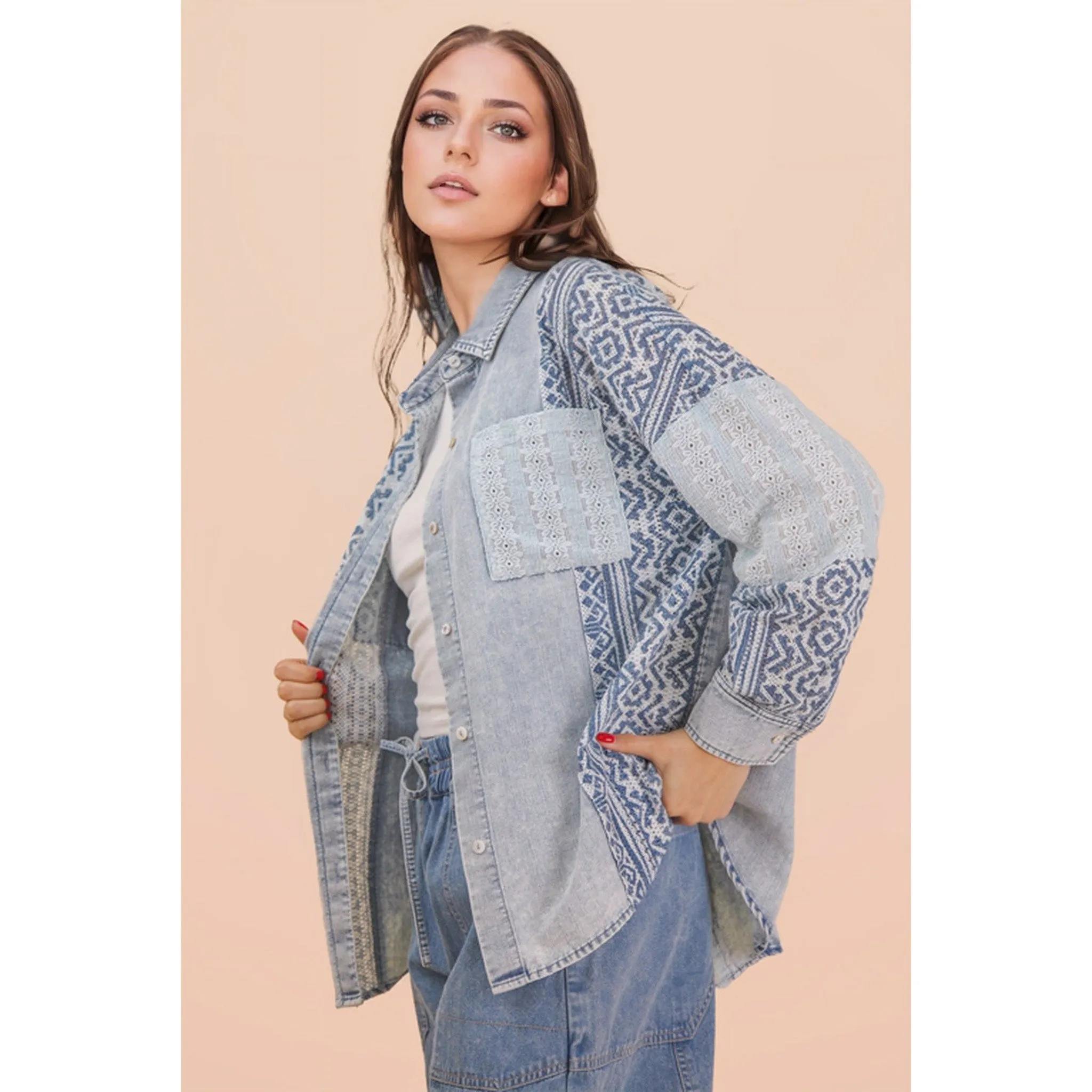 Women's Light Blue Denim Contrast Long Sleeve Shirt sold by Western Edge product image thumbnail 3