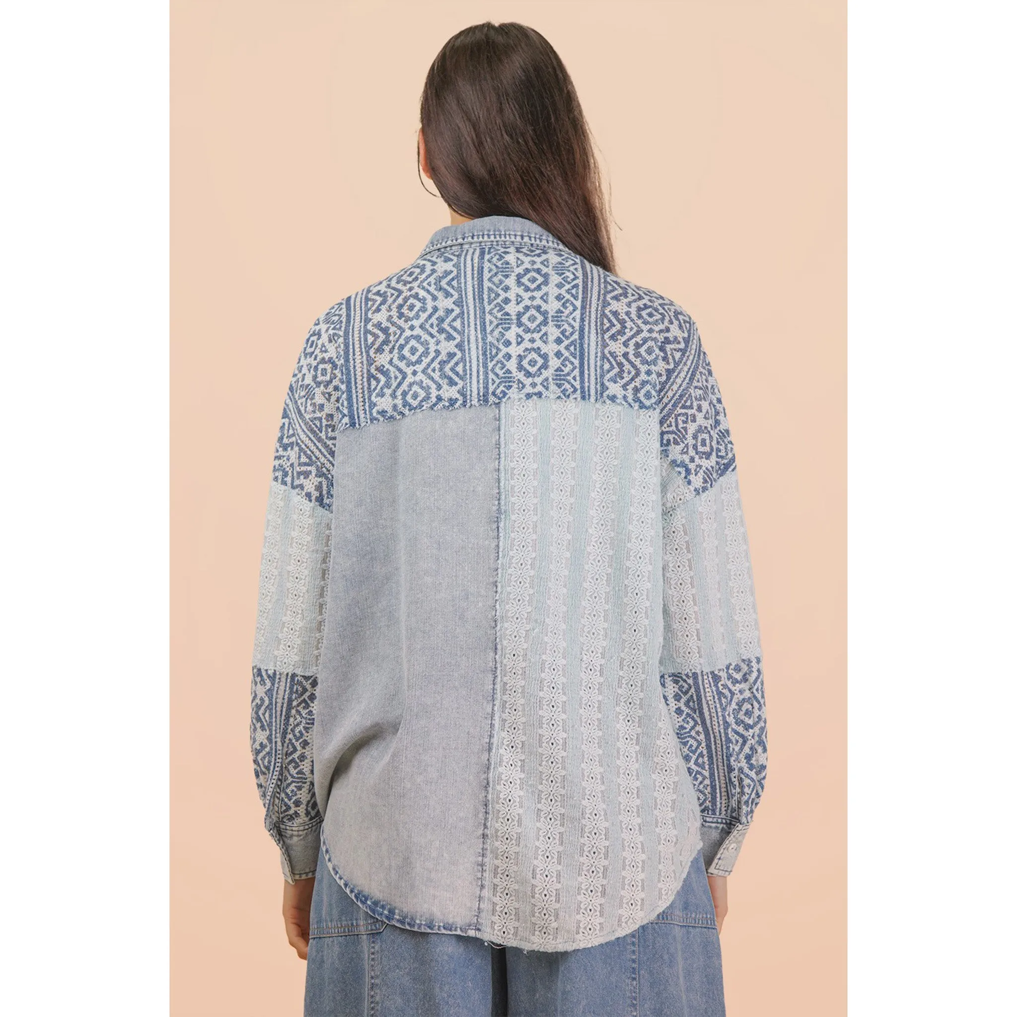 Women's Light Blue Denim Contrast Long Sleeve Shirt sold by Western Edge product image thumbnail 4