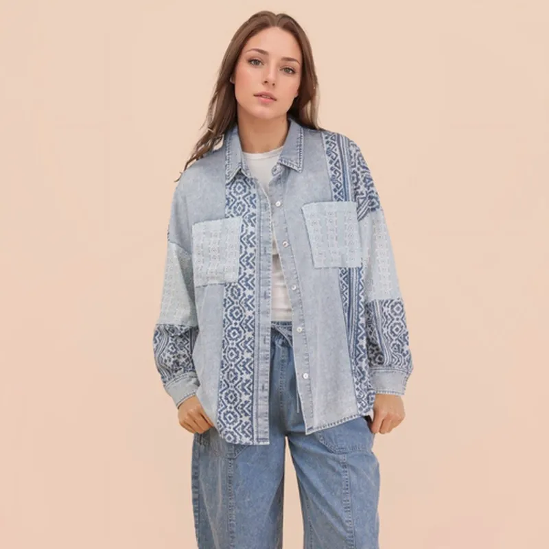 Women's Light Blue Denim Contrast Long Sleeve Shirt made by Very J