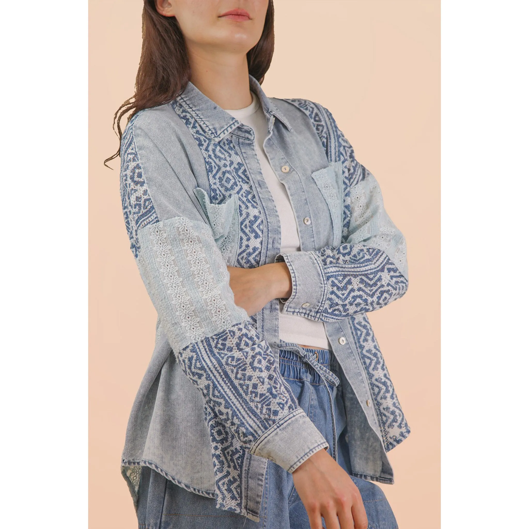 Women's Light Blue Denim Contrast Long Sleeve Shirt sold by Western Edge product image thumbnail 2
