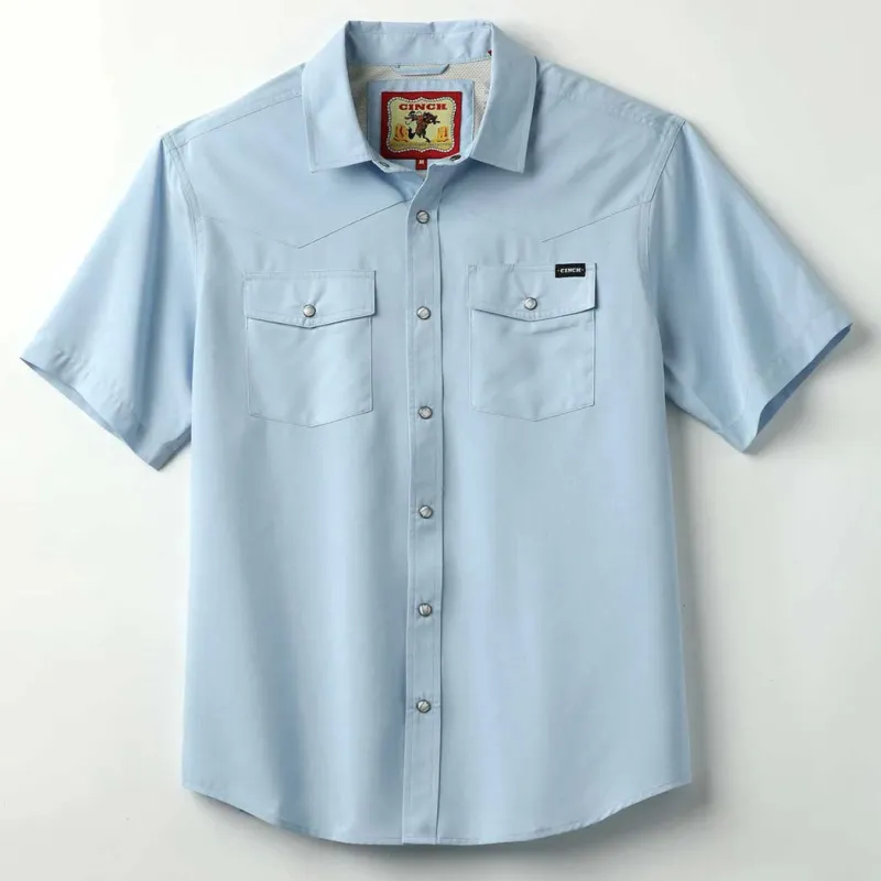 Cinch Short Sleeve Camp Light Blue Pearl Snap Shirt sold by Western Edge