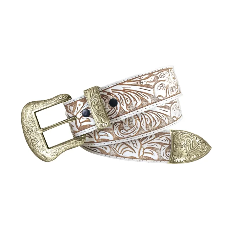 White & Tan Floral Tooled Belt made by Western Edge