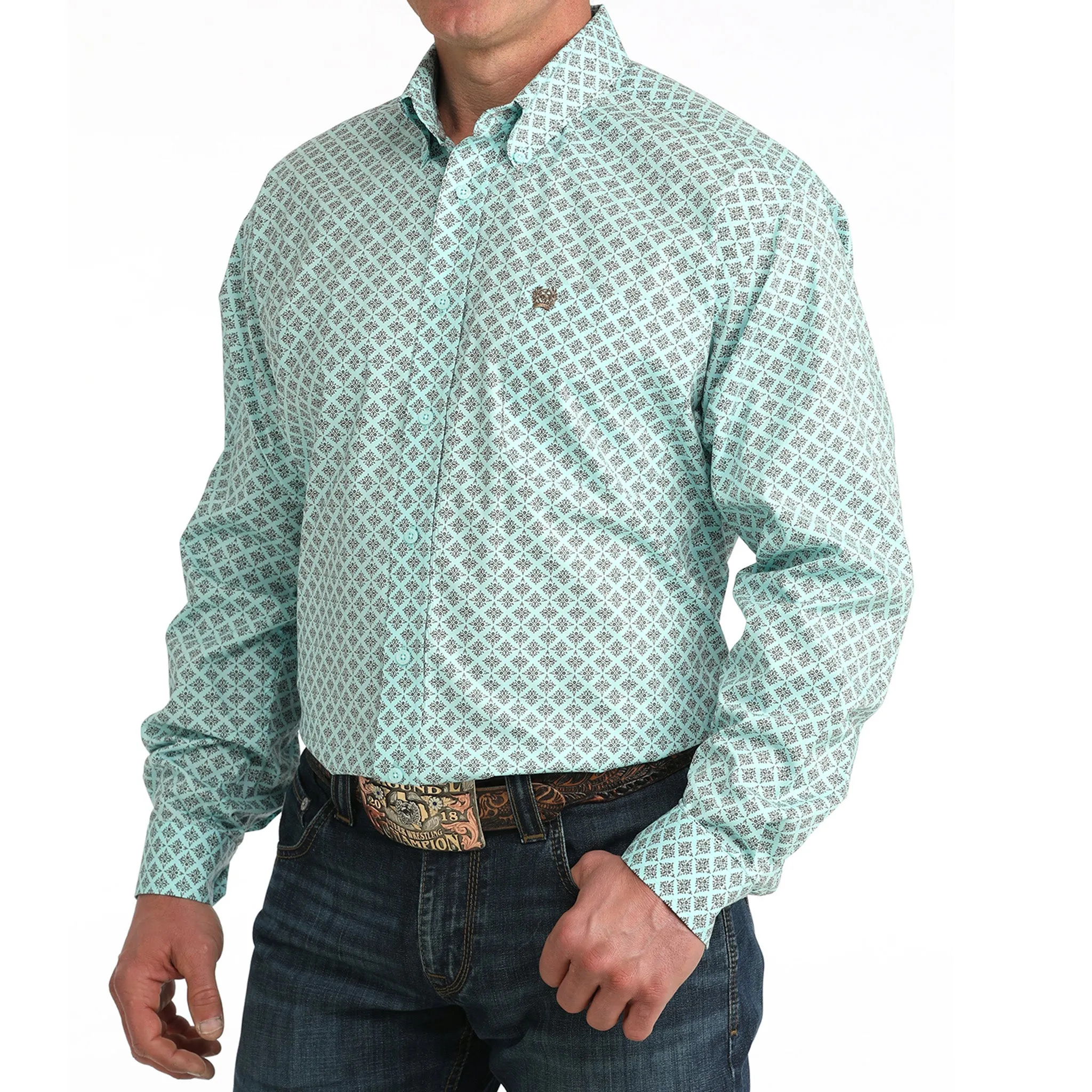 Cinch Men's Aqua Geo Print Long Sleeve Button Up sold by Western Edge