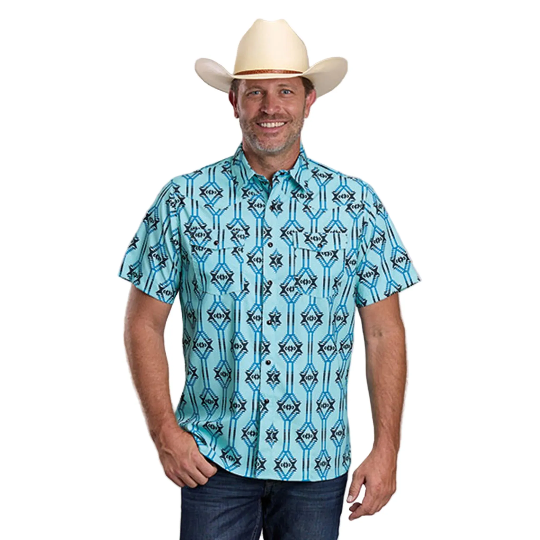 Roper Men's Aqua Aztec Short Sleeve Button Up sold by Western Edge
