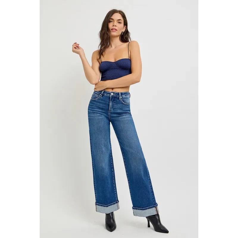 High Rise Wide Leg Cuff Jeans made by Risen