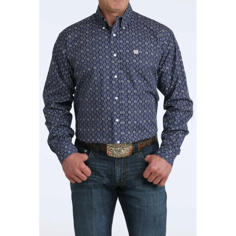 Cinch Men's Royal Blue Geometric Long Sleeve Shirt made by Cinch