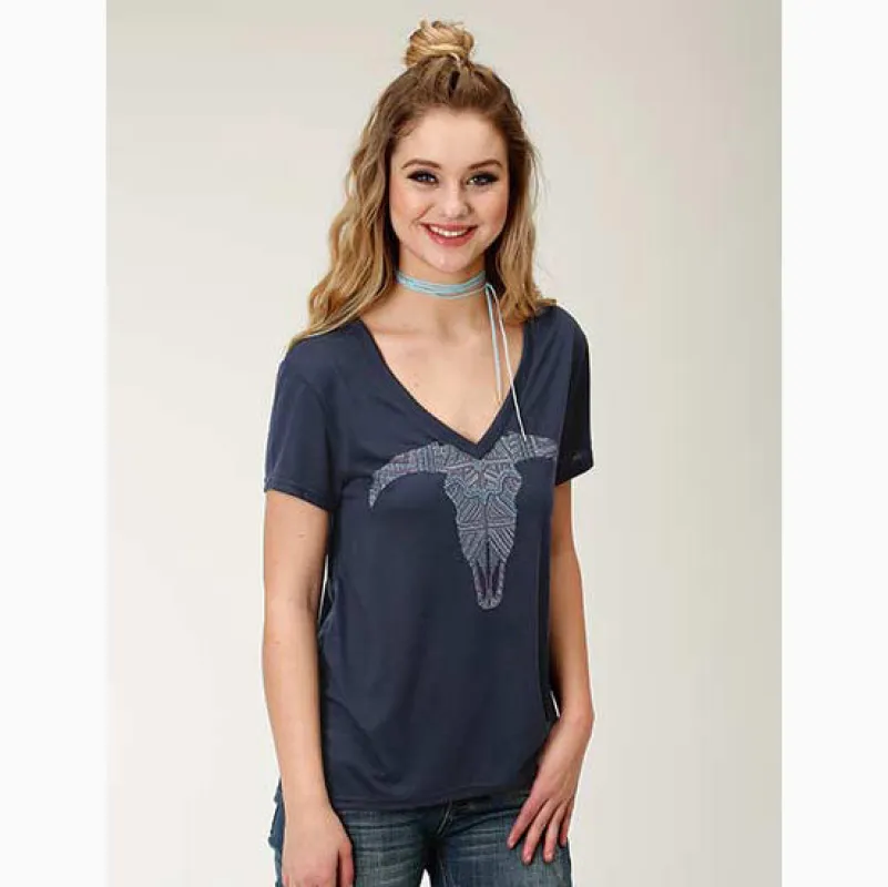 Roper Women's Navy Aztec Steer Head Tee made by Western Edge