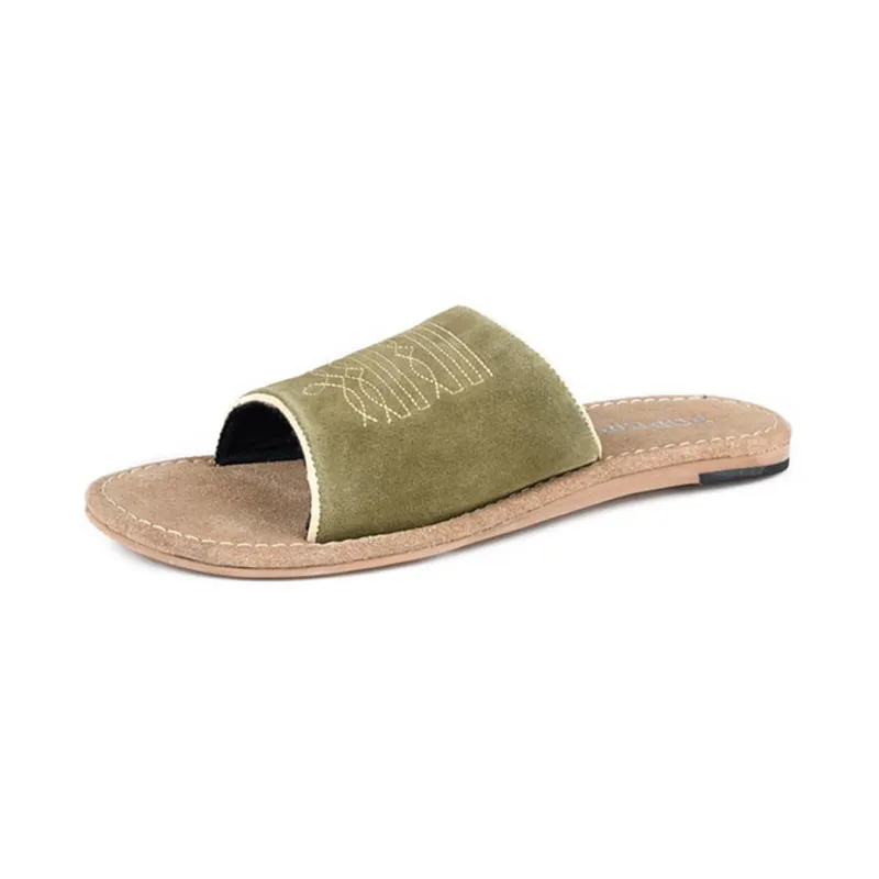 Green Suede Boot Stitch Slide Sandal made by Roper